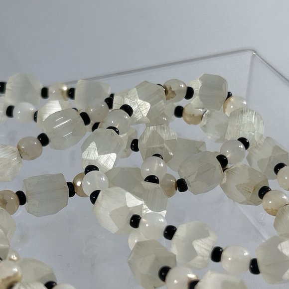 Long 56" Beaded Necklace White Faceted Beads Black Spacers Tunic Length - Picture 9 of 12